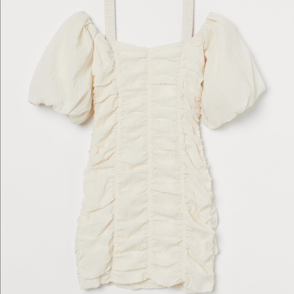 H&M open shoulder cream puff sleeve mini dress xxs